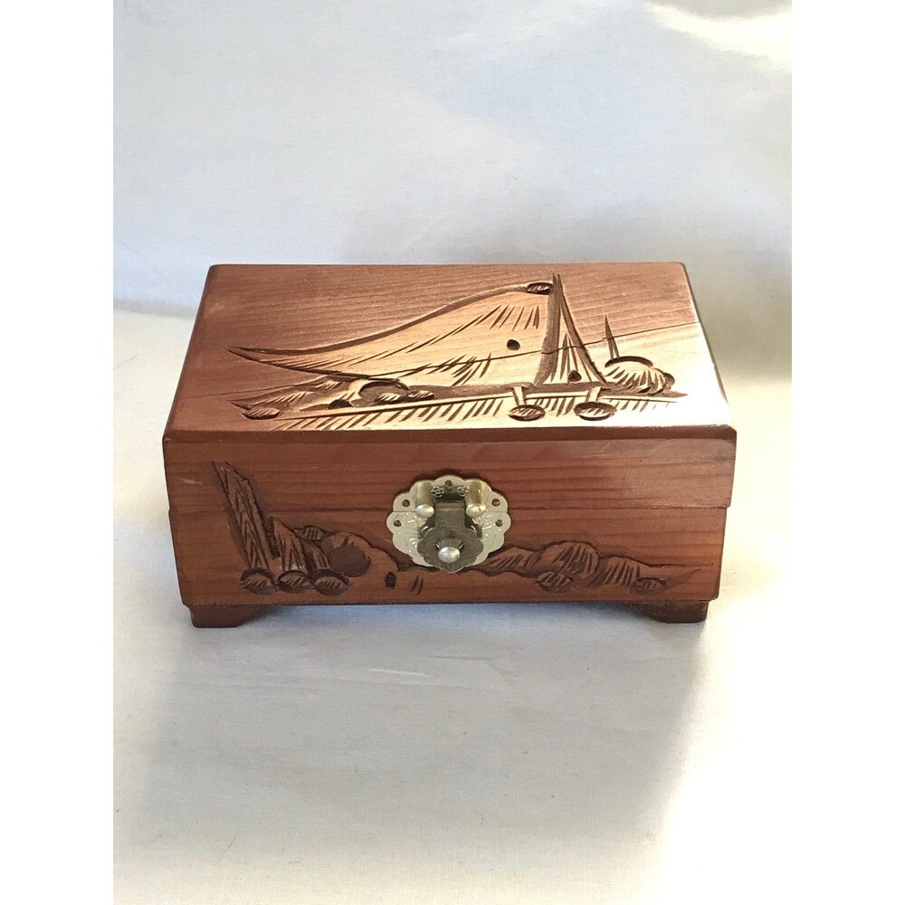Wooden Jewelry Box with Carved Sailboat boat beach ocean trinket collectible - Picture 2 of 9